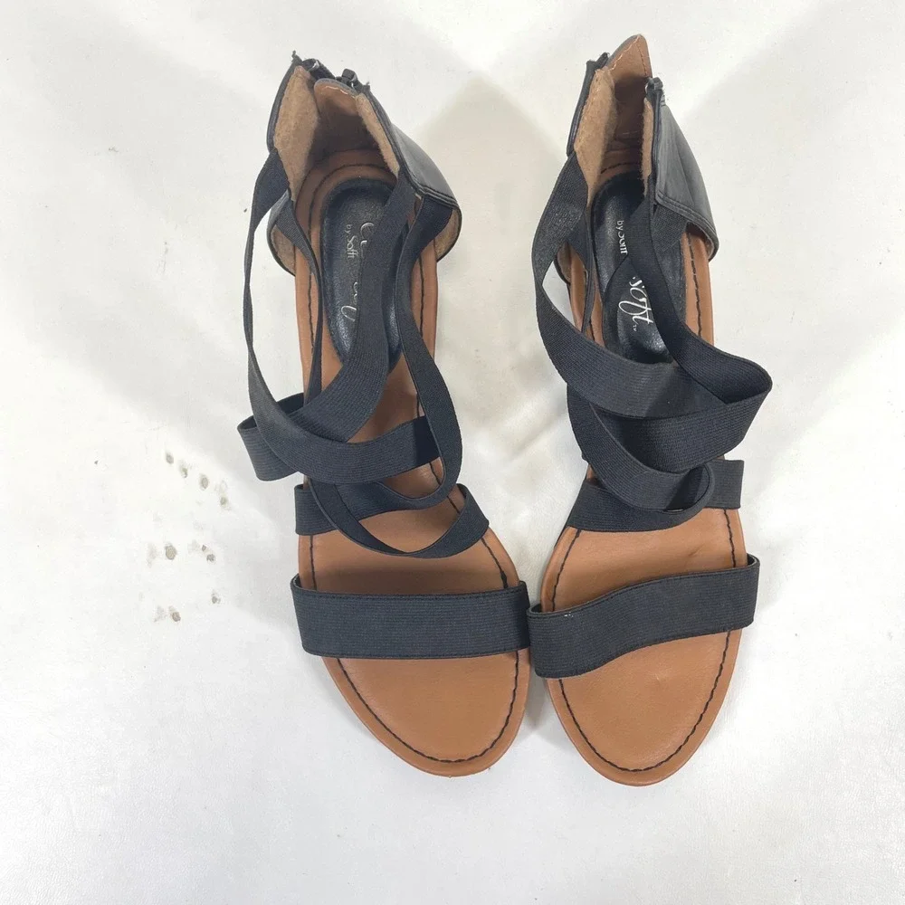 EuroSoft by Sofft Womens Black Strappy Elastic Wedge Sandals Size 8M